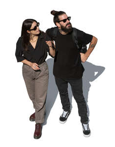 top view of two people standing and looking up