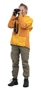 cut out woman hiking and looking around with binoculars