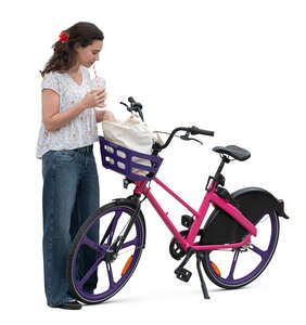 woman with a bike taking smth from the bike basket