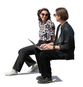 cut out man and woman with a laptop sitting outside