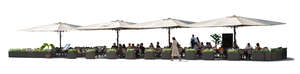 big street cafe with parasols and people sitting and talking