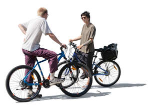 two cut out people with bikes meeting on the street