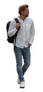 man in a white shirt walking