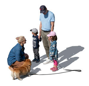 top view of mother squatting and talking to the kids