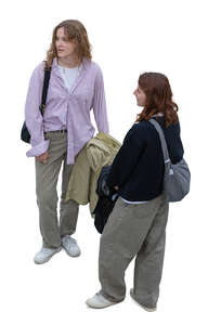 top view of two women standing and talking