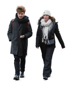 cut out man and woman walking on a cold day