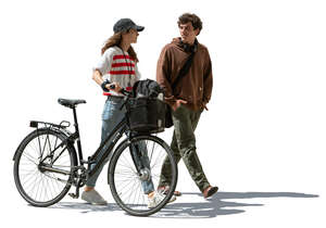 cut out woman with a bike walking with a male friend