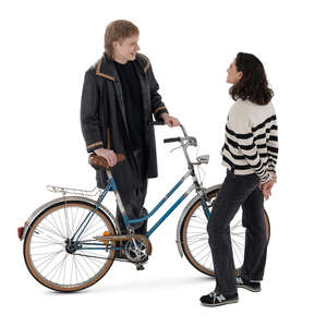 top view of a man with a bike talking to a female friend