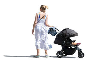 cut out woman in a white summer dress with a stroller standing