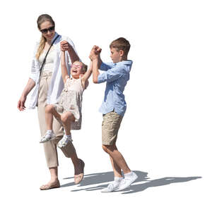 mother and son walking and swinging a little sister