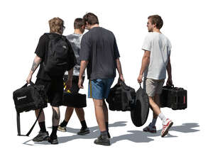 cut out group of men carrying filming equipment walking