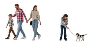 cut out family with kids and a dog walking
