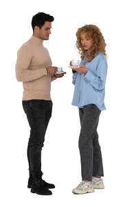 man and woman standing and drinking coffee 
