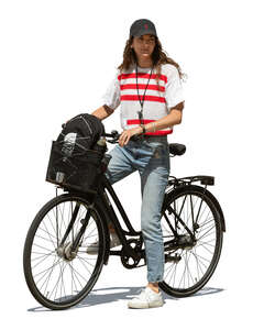 cut out woman with a baseball cap and a bike standing