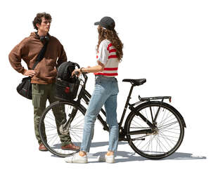 woman with bike standing and talking to a friend