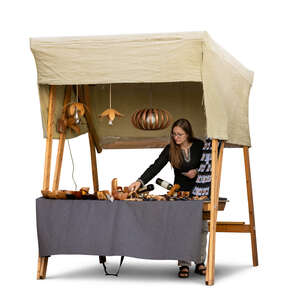 cut out market stand with a woman selling products