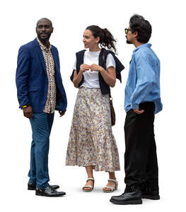 group of three people standing and talking