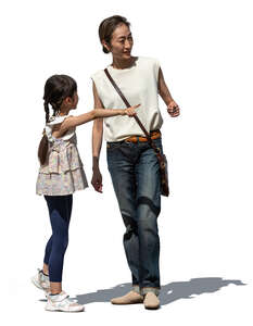 japanese mother and daughter standing and looking at smth