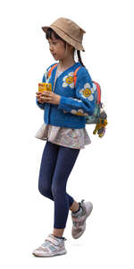 little asian girl with a hat walking