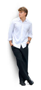 young man leaning casually against the wall
