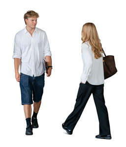 two people walking past each other