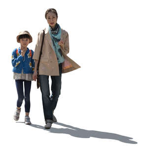 cut out backlit japanese mother and daughter walking