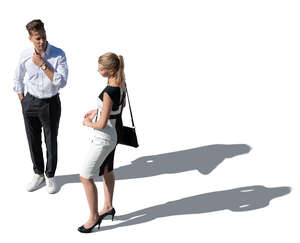 top view of two elegant people standing outside and talking