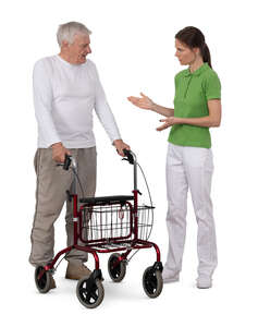 cut out nurse talking to an elderly man with a walking frame