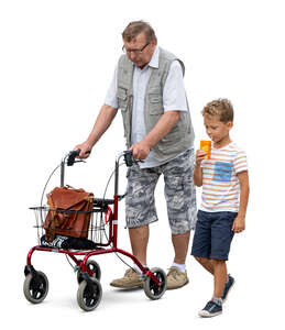 grandfather with a walking frame walking with his grandson