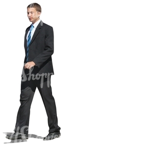 cut out man in a black suit walking