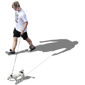 man walking a dog seen from above