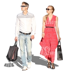 couple with shopping bags walking side by side