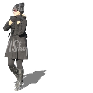 woman in a black winter coat walking