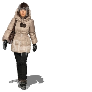 woman with a fur hat walking