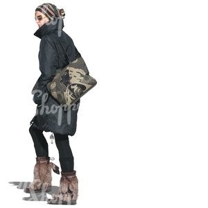 cut out woman in a winter coat walking