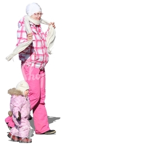 mother and daughter in pink winter clothes