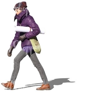 woman in a purple winter jacket walking