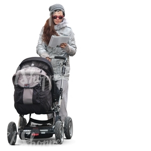 woman walking a baby while reading a book