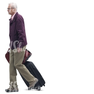 elderly man walking and pulling a suitcase