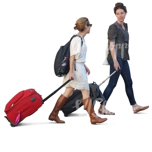 two women with suitcases walking and talking