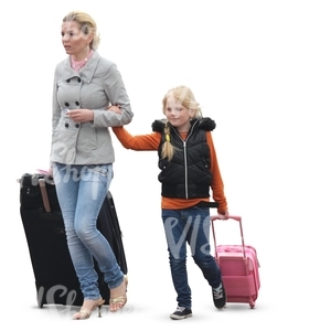 woman and a girl walking with suitcases