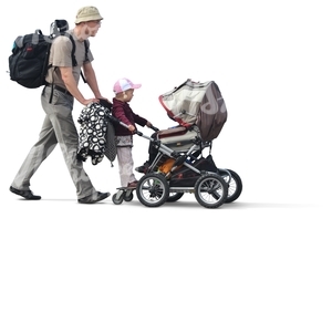 man with a backpack pushing a baby carriage