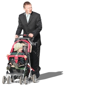 man in a suit pushing a baby stroller