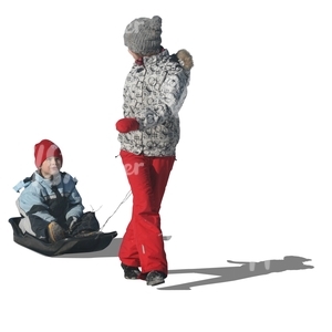 woman pulling a sledge with her son