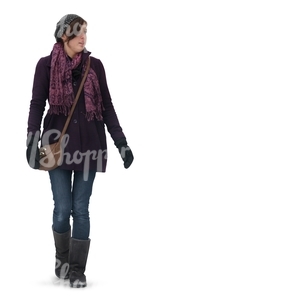 cut out woman in a purple coat walking