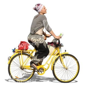 cut out woman riding a yellow bike