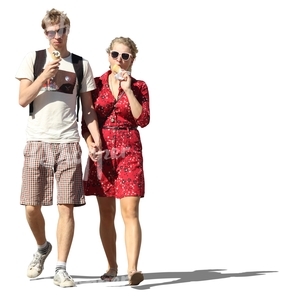couple walking hand in hand and eating ice cream