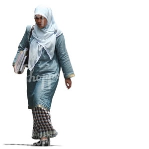cut out muslim woman in a blue abaya walking