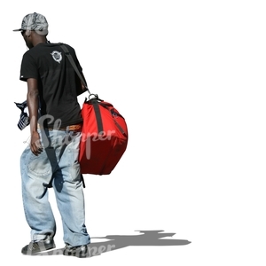 black man with a baseball cap walking