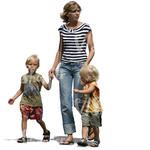 woman with two children walking